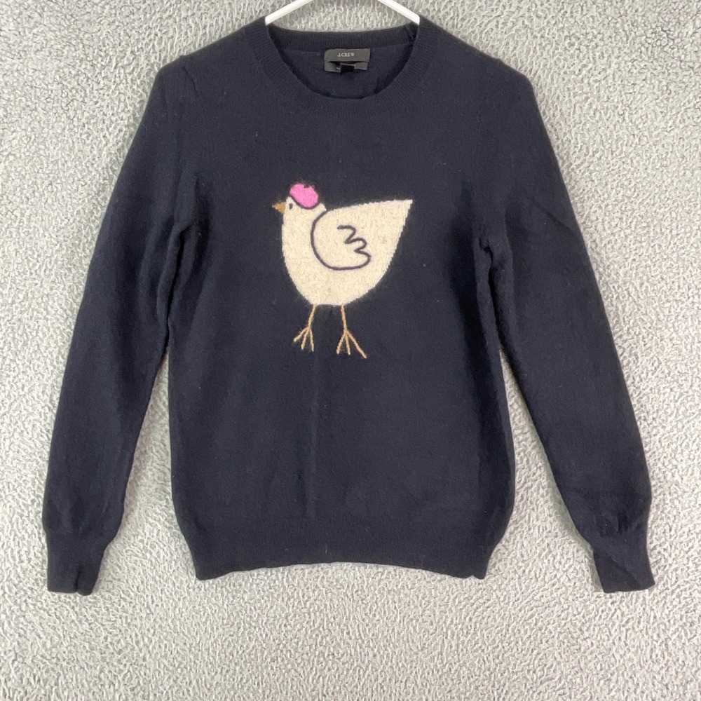 J.Crew Chicken Beret Sweater Women M Navy Blue Wool Cashmere Blend 14492 Graphic
